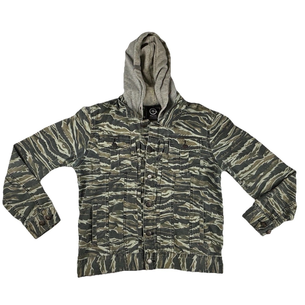 LRG Tiger Camo Denim Jacket XL Hooded Vintage Streetwear A134008 2010s Rare